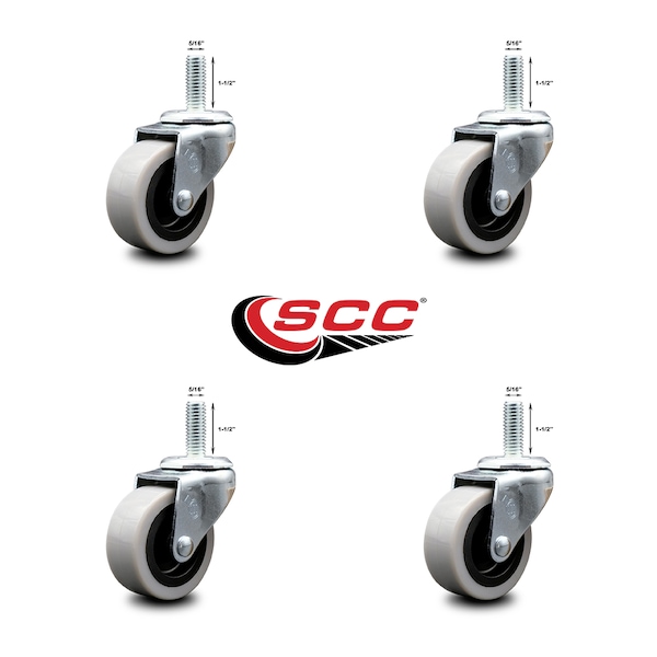 2 Inch Thermoplastic Rubber Wheel 5/16 Inch Threaded Stem Caster SCC, 4PK